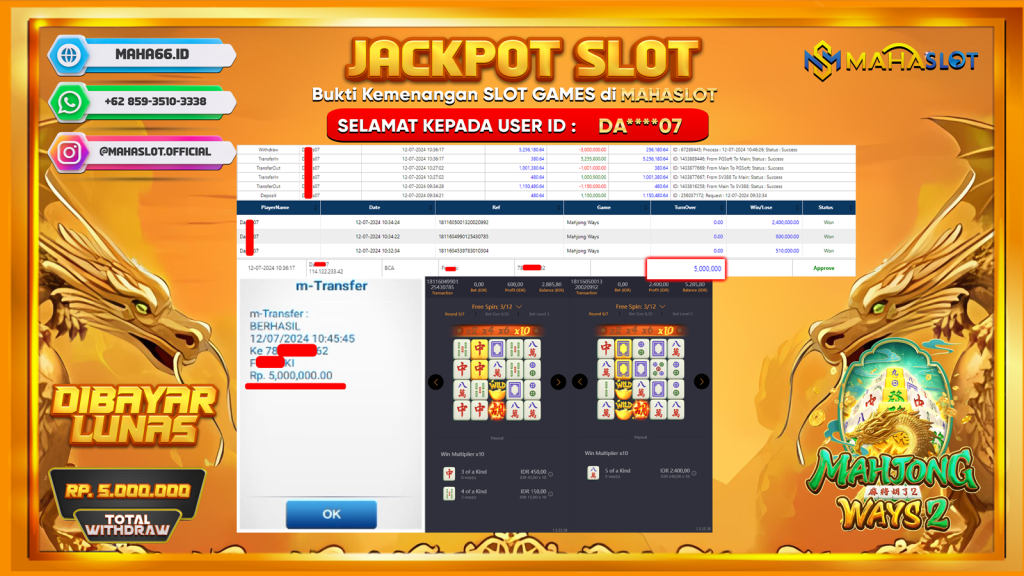 MAHASLOT JACKPOT SLOT MAHJONG WAYS Rp. 5.000.000,- LUNAS