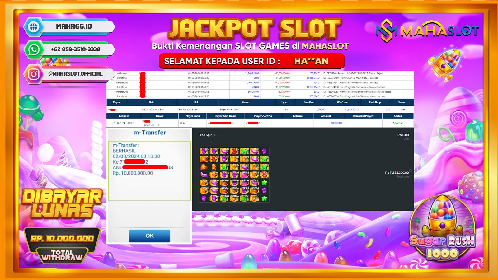 MAHASLOT JACKPOT SLOT SUGAR RUSH X1000 Rp. 10.000.000,- LUNAS