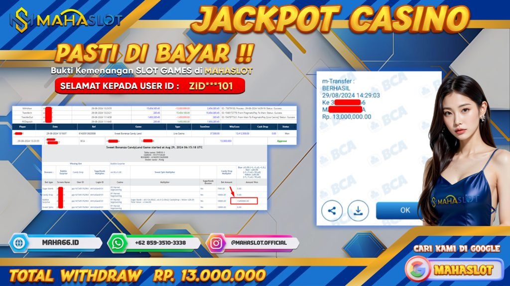 MAHASLOT JACKPOT CASINO SWEET BONANZA CANDY LAND Rp. 13.000.000,- LUNAS