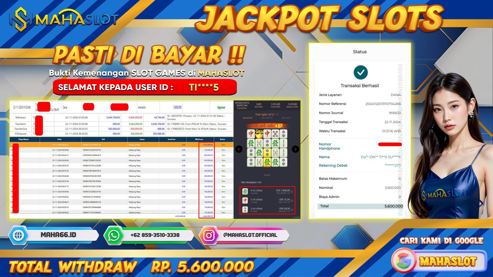 MAHASLOT JACKPOT SLOT MAHJONG WAYS Rp. 5.600.000,- LUNAS