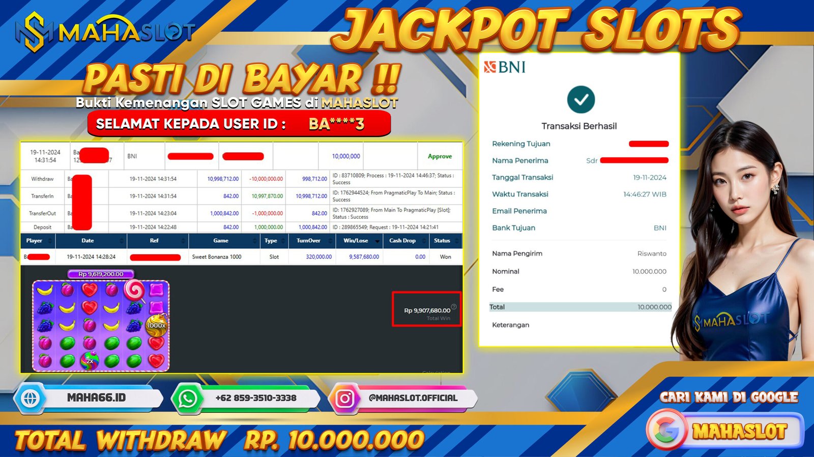 MAHASLOT JACKPOT SLOT SWEET BONANZA 1000 Rp. 10.000.000,- LUNAS